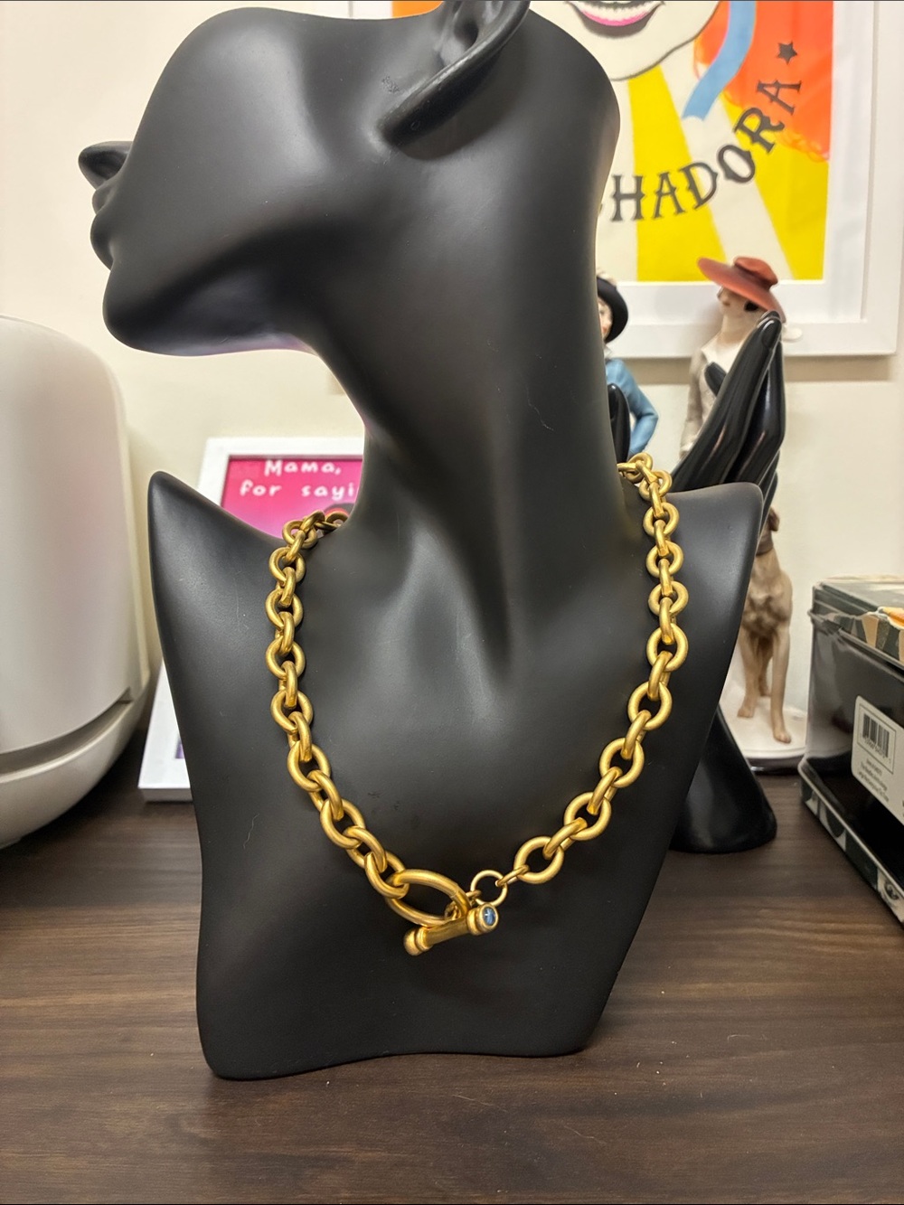 Vintage 1990s Gold Link Toggle Chain Necklace with Blue Glass Accents